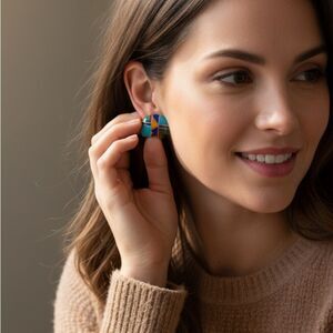 Vintage Zuni Style Inlay Earrings – Turquoise Malachite Coral Onyx Mosaic